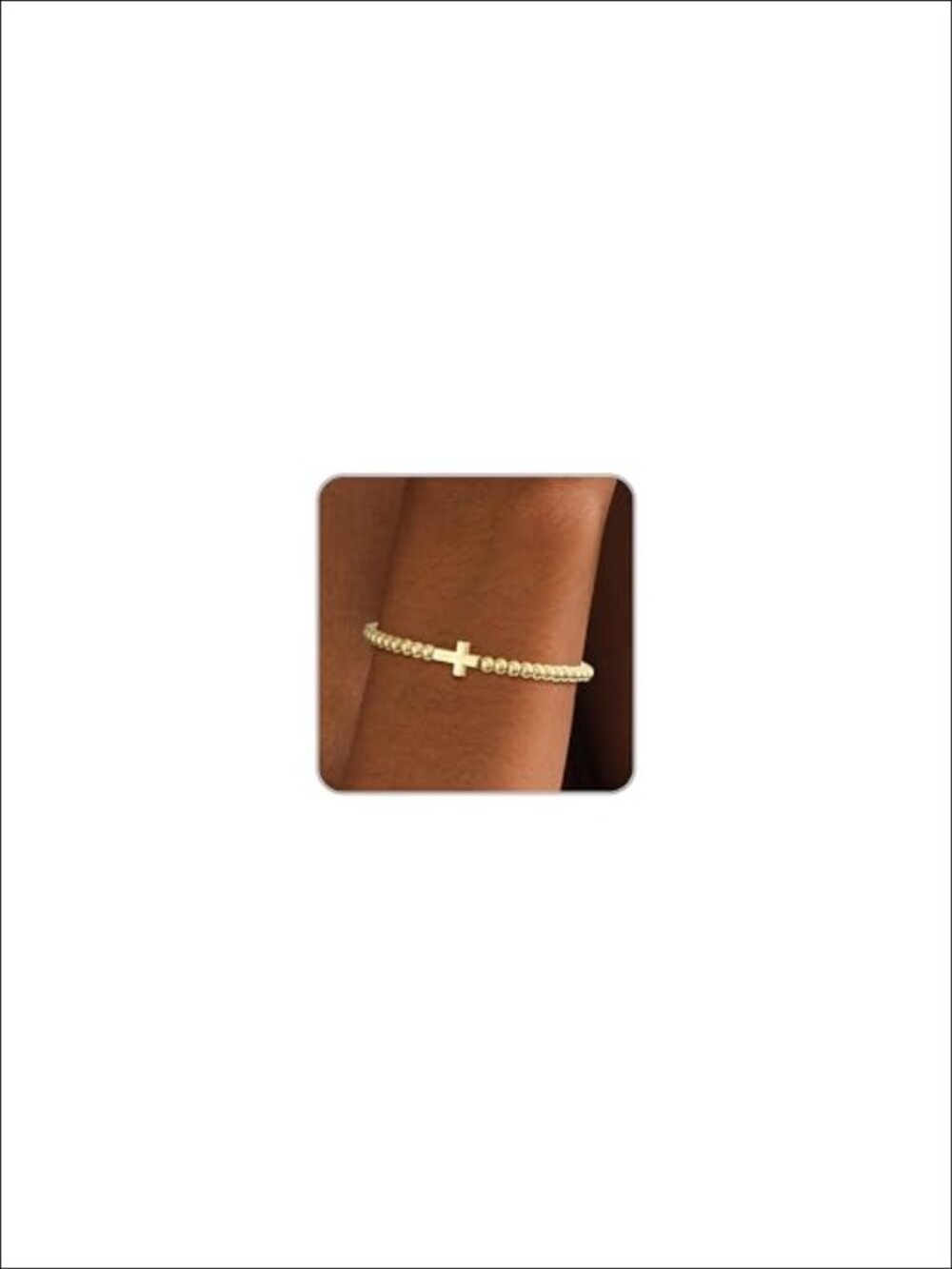 14K Gold Plated Stretch Beaded Charm Bracelet Dainty Stackable Cross